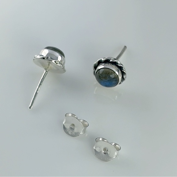 Dark Blue Flash Labradorite Stud Earrings Southwest Pure Sterling Silver 925 - Picture 7 of 10
